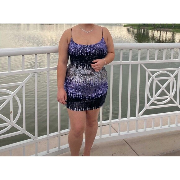 B Darlin Junior's Sequin Dress Purple/ Black/ Silver Size 13/14 - Picture 1 of 9